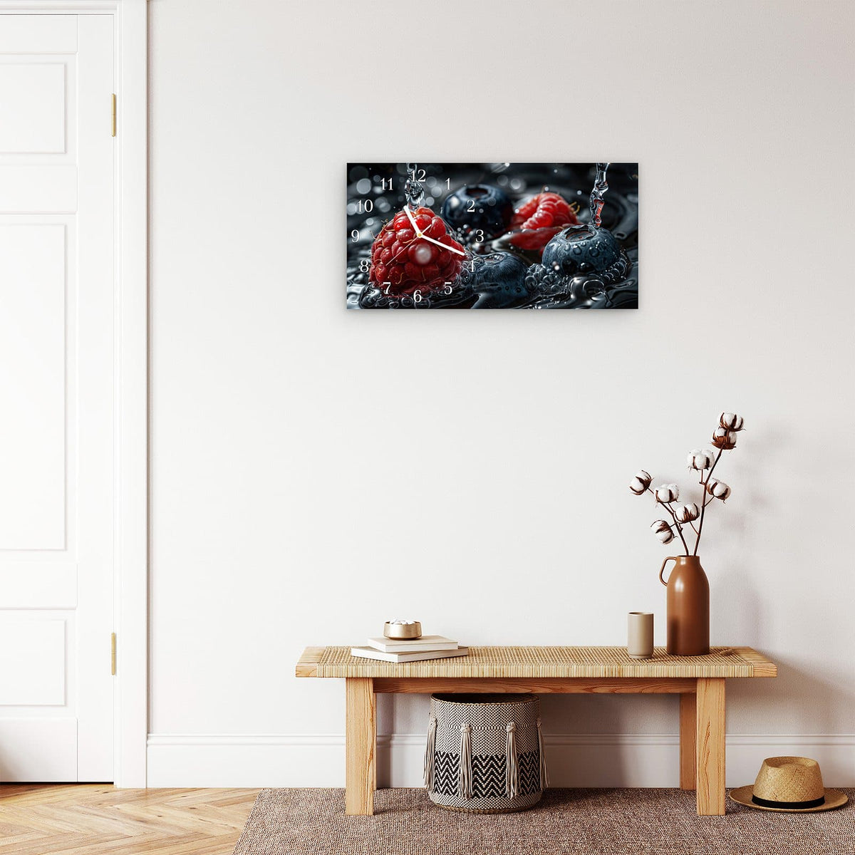 Moderne Wanduhr aus Glas mit Farbtiefe – Wanduhr Früchte im Wasser aus Glas – Querformat 60 × 30 cm