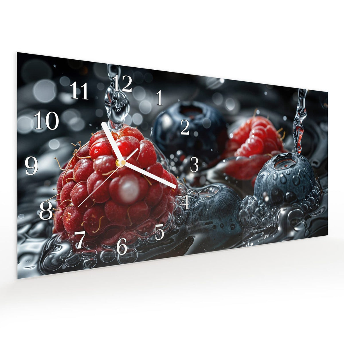 Vormontiert – mit Schwebeeffekt – Wanduhr Früchte im Wasser aus Glas – Querformat 60 × 30 cm