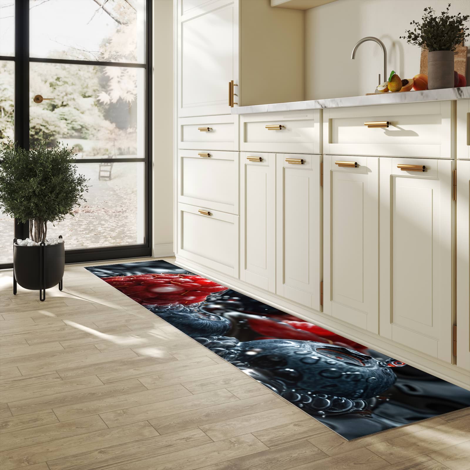 Fleckenresistenter Küchenläufer mit Motiv Früchte im Wasser in heller Küche