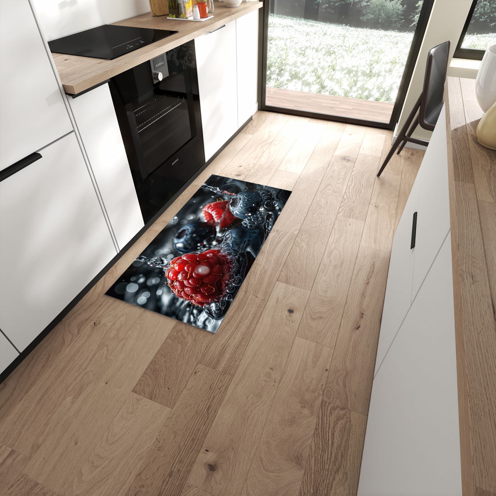 Waschbarer Küchenläufer mit Motiv Früchte im Wasser in moderner Küche für sichere Aufbewahrung #grösse_60 x 120 cm