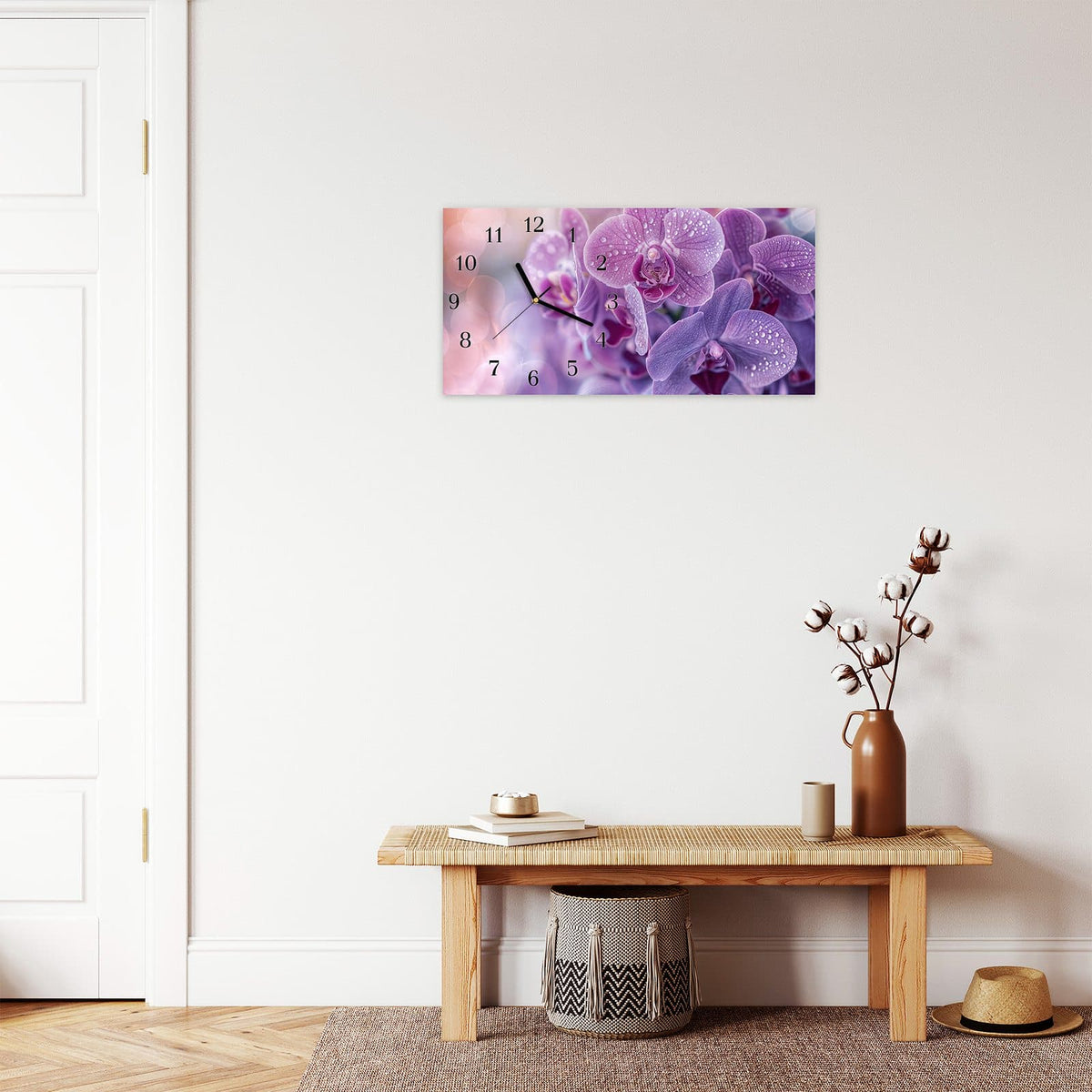 Moderne Wanduhr aus Glas mit Farbtiefe – Wanduhr Orchideenblüten aus Glas – Querformat 60 × 30 cm