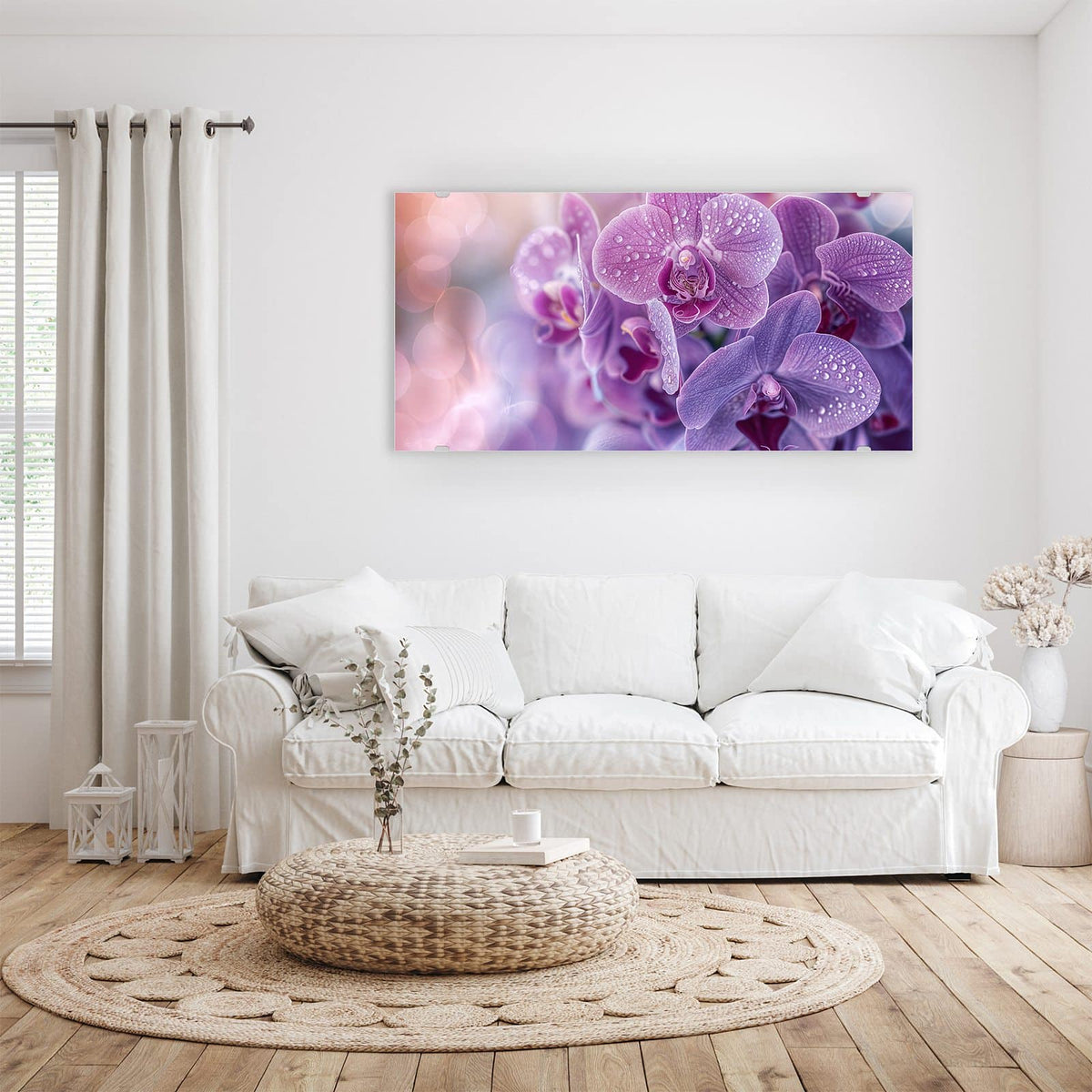 Wandbild - Orchideenblüten - Querformat – Violette Orchideen mit Wassertropfen