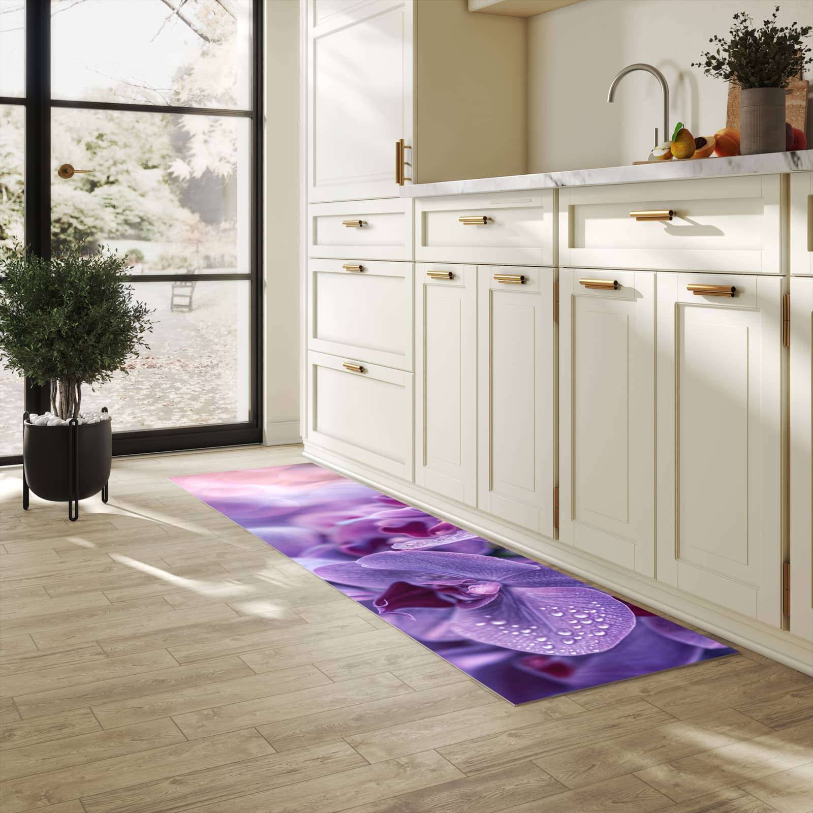 Langlebiger Teppich für Esstisch mit Motiv Orchideenblüten in heller Küche, waschbar