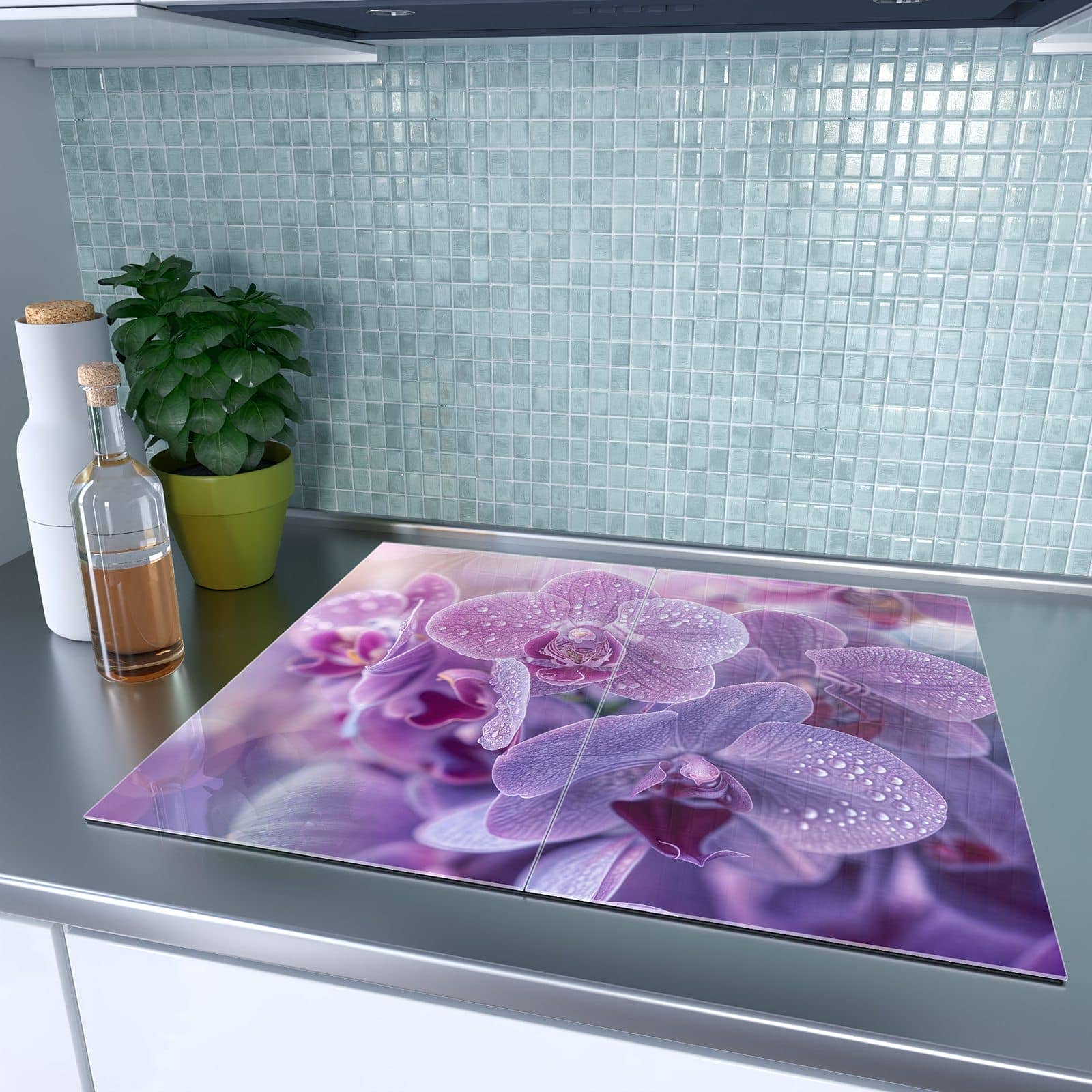 2-teilige Herdabdeckplatten mit Orchideenblüten-Motiv auf dem Ceranfeld