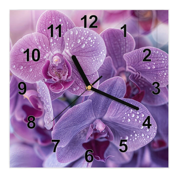Wanduhr Orchideenblüten aus Glas – Quadratisch 30 × 30 cm mit Ziffernblatt Modern