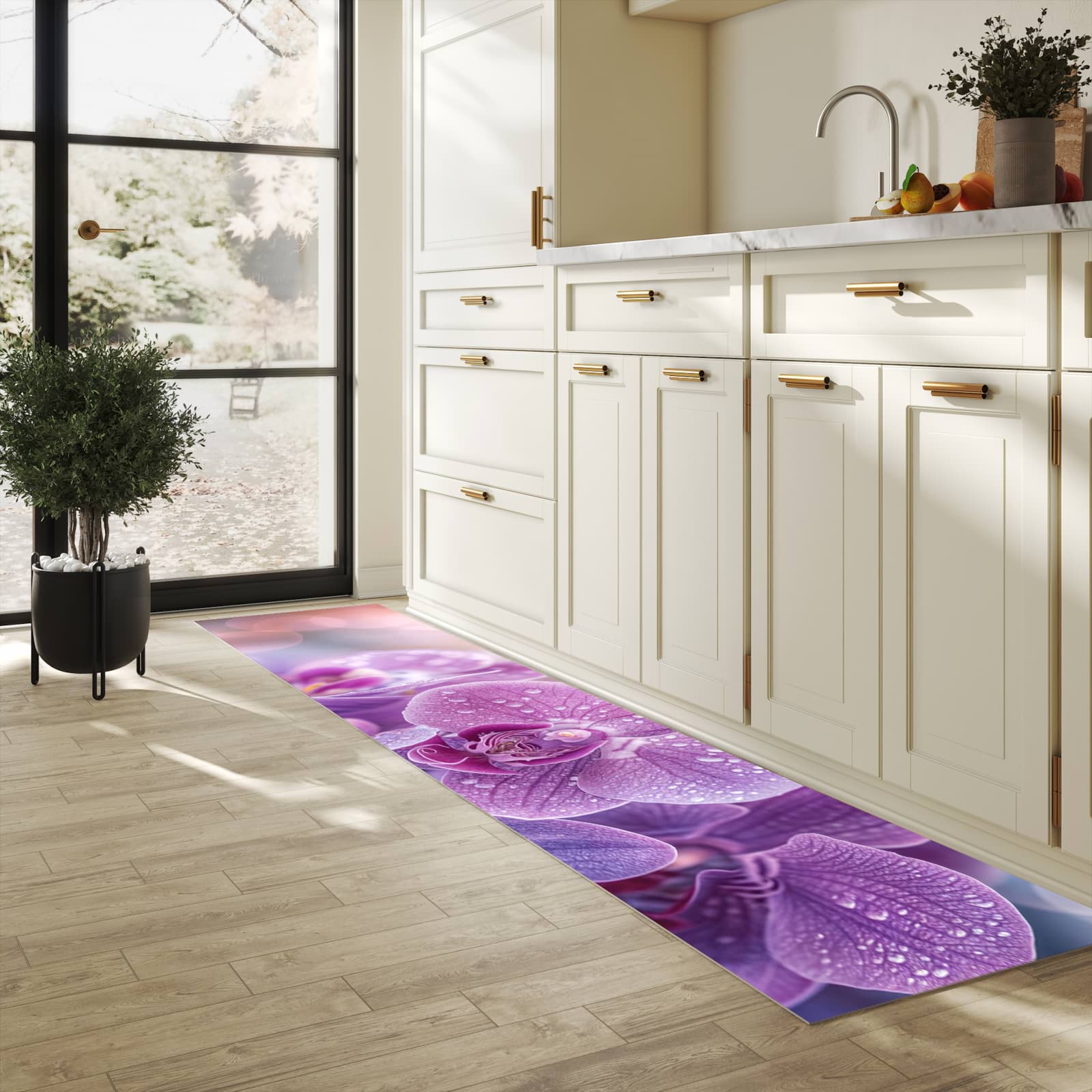 Feuchtigkeitsresistenter Bodenläufer mit Motiv Orchideenblüten in heller Küche