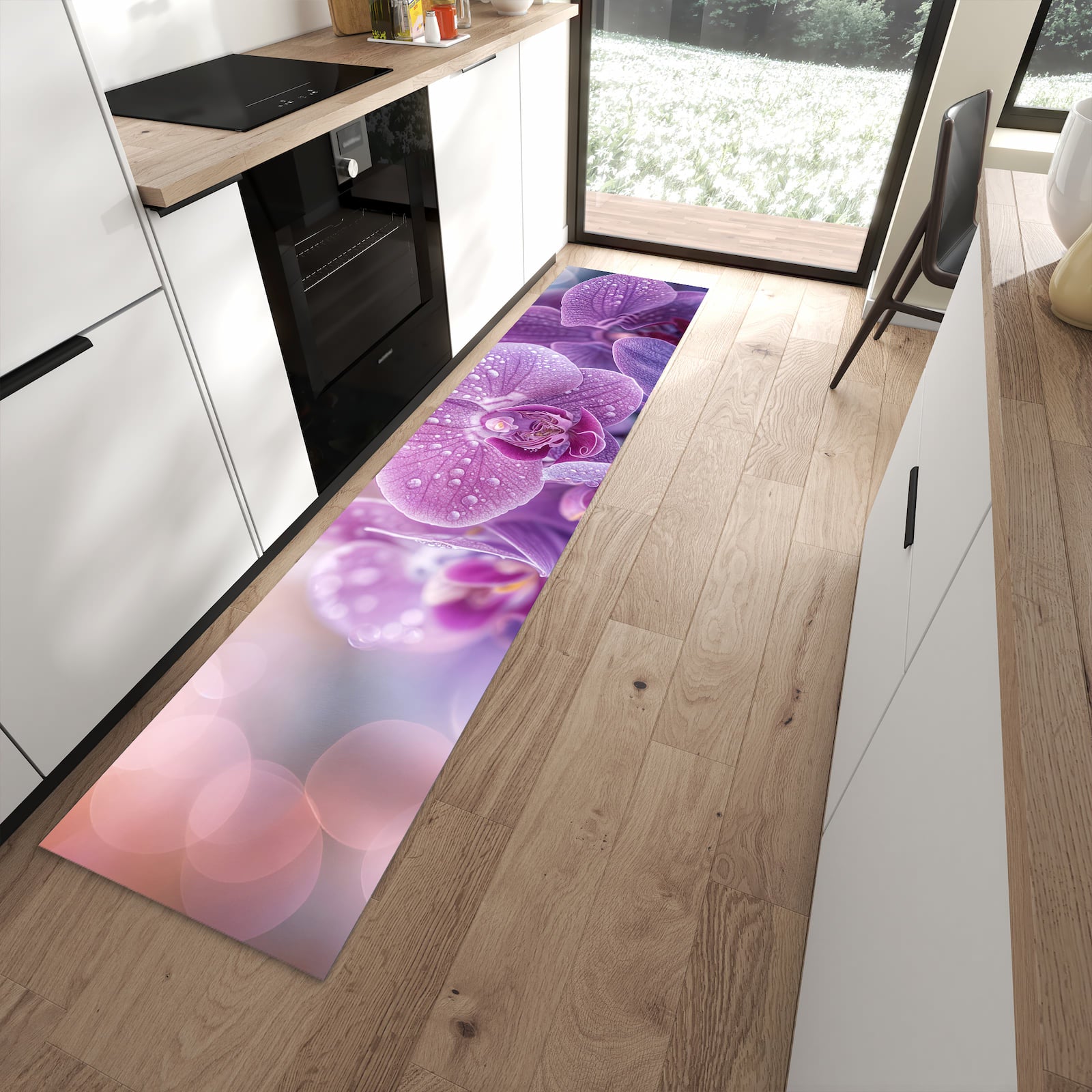 Waschbarer Küchenläufer mit Motiv Orchideenblüten in moderner Küche
