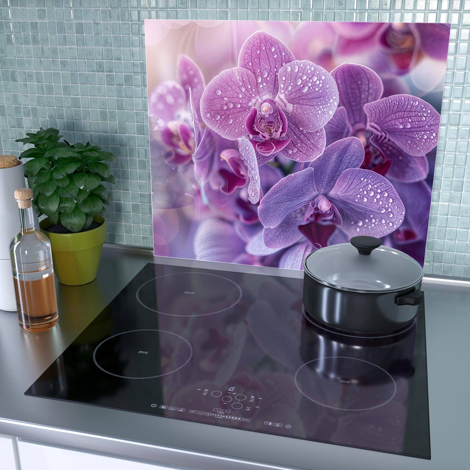 1-teilige Glasplatte für Herd mit Orchideenblüten-Motiv als Spritzschutz hinter dem Kochfeld
