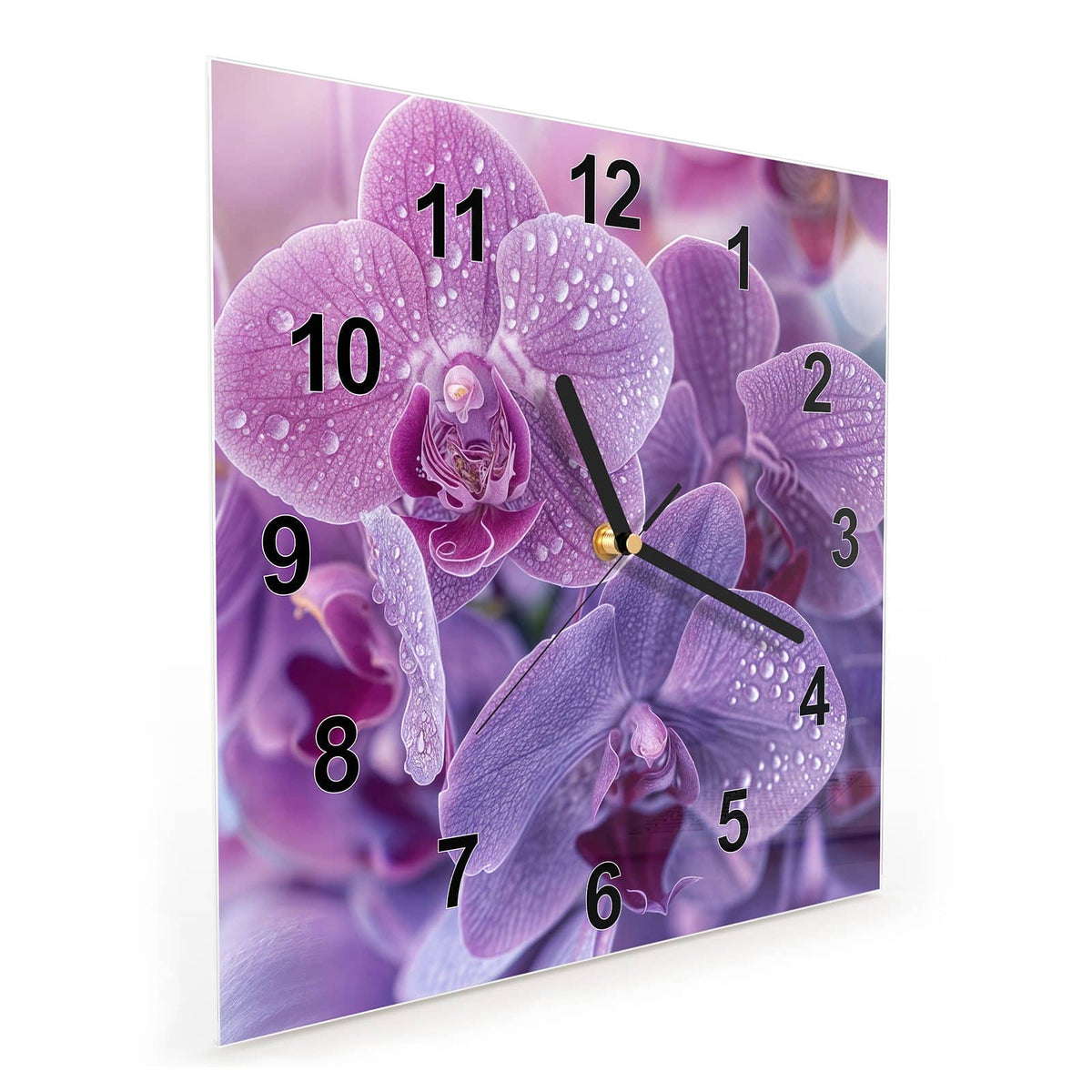 Vormontiert – mit Schwebeeffekt – Wanduhr Orchideenblüten aus Glas – Quadratisch 30 × 30 cm