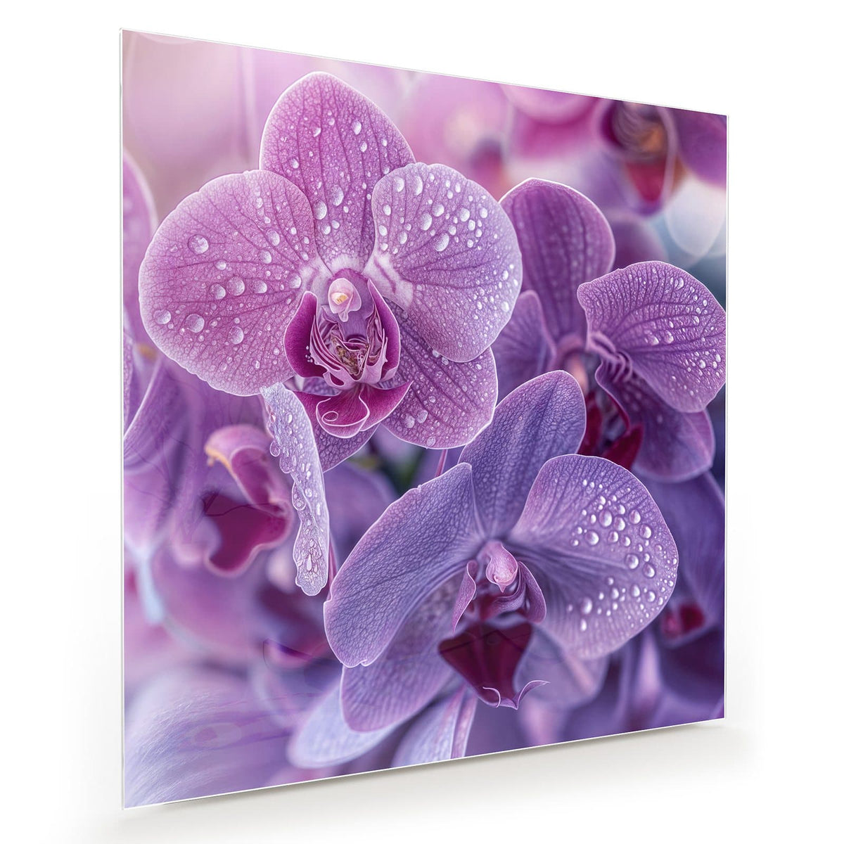 Violette Orchideenblüten mit vielen Wassertropfen, dicht gestaffelt