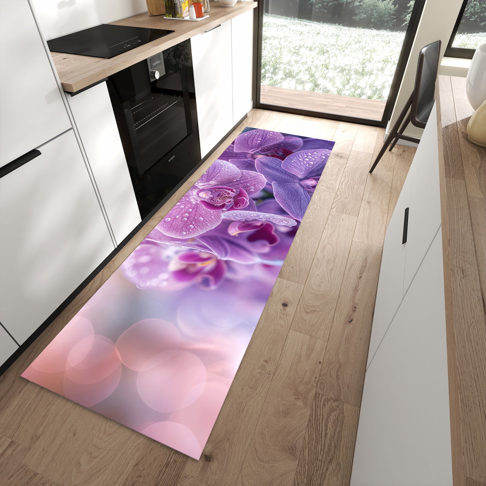 Bodenschonender rutschfester Küchenläufer mit Motiv Orchideenblüten in moderner Küche