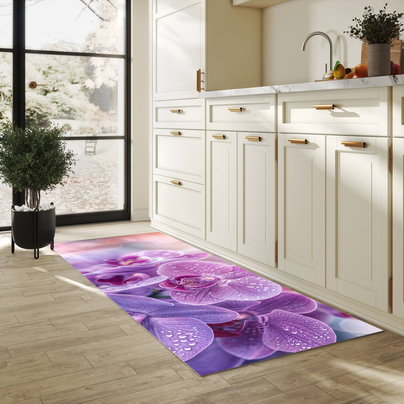 Zeitsparender Küchenteppich mit Motiv Orchideenblüten in heller Küche - leicht waschbar