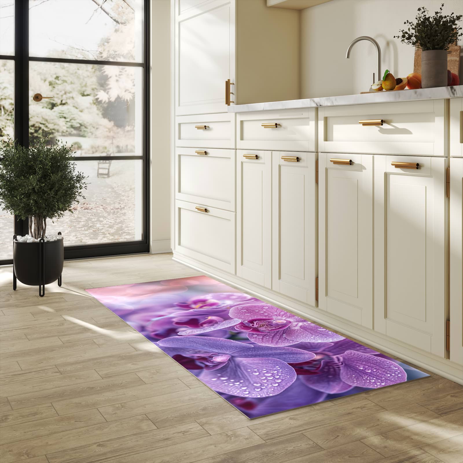 Küchenteppich mit Motiv Orchideenblüten für Ordnung & Übersicht in heller Küche