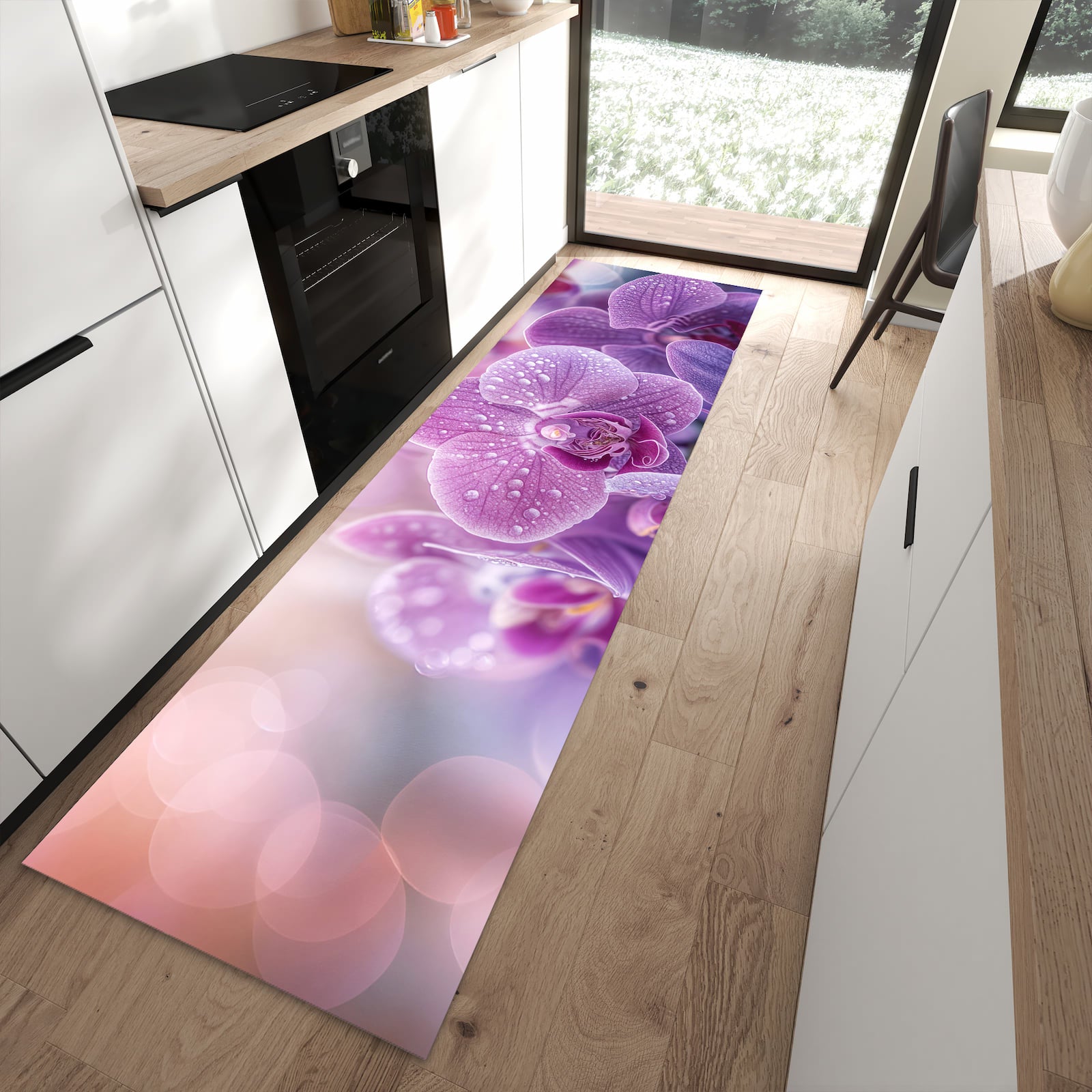 Waschbarer Küchenläufer mit Motiv Orchideenblüten für Ordnung in moderner Küche