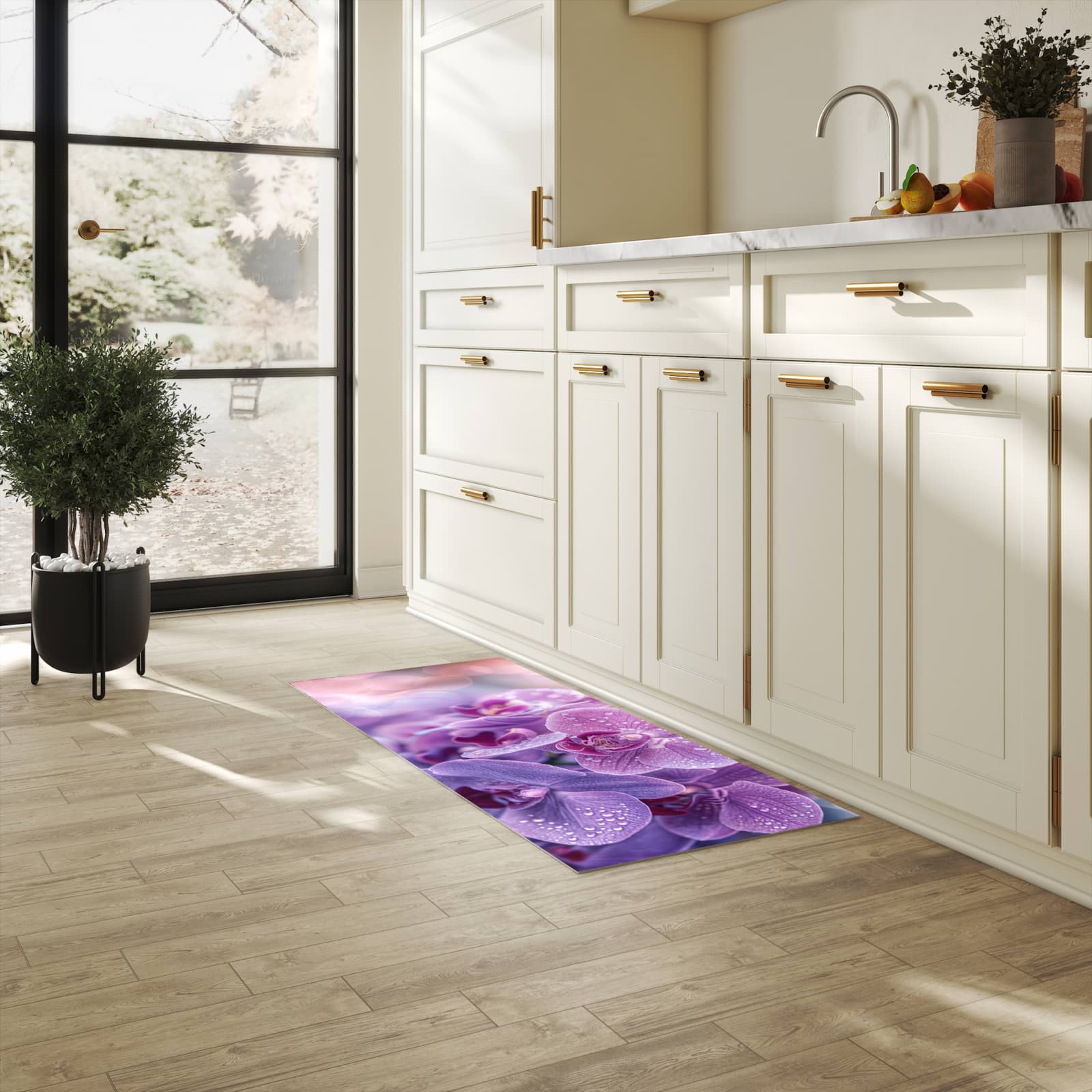 Strapazierfähiger dünner Küchenteppich mit Motiv Orchideenblüten in heller Küche