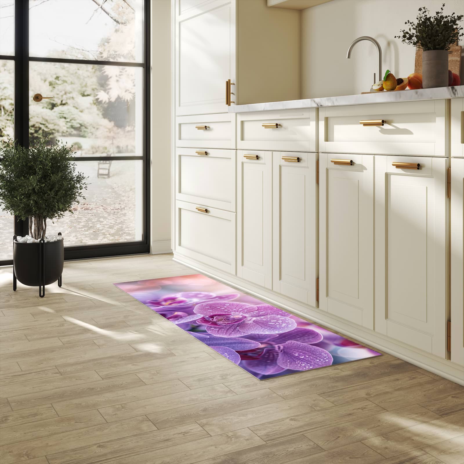 Waschbarer Teppich fürs Esszimmer mit Motiv Orchideenblüten in heller Küche