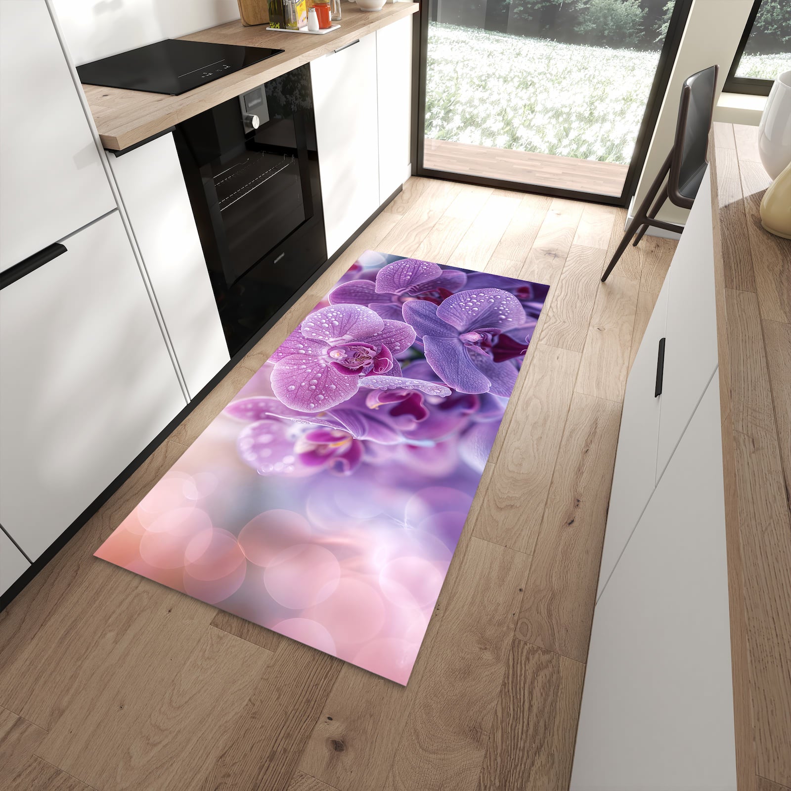Farbbeständiger Küchenläufer mit Motiv Orchideenblüten in moderner Küche