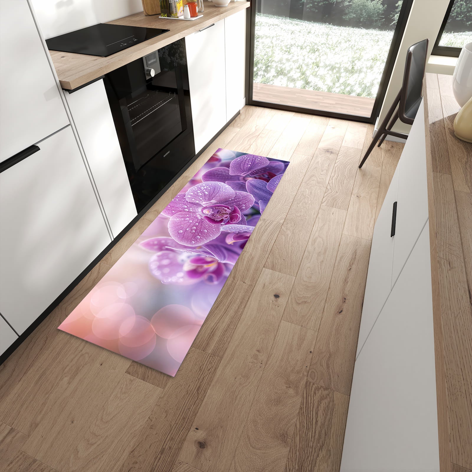 Hygienischer Küchenteppich mit Motiv Orchideenblüten in moderner Küche - waschbar