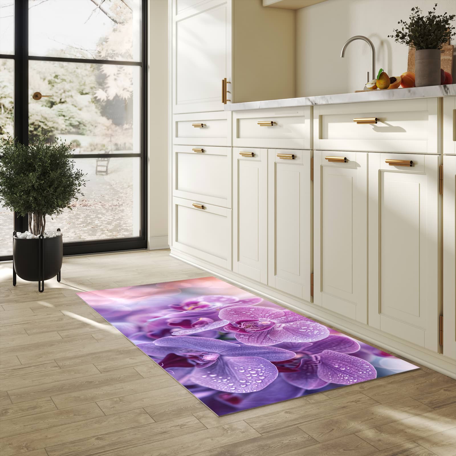 Küchenteppich mit Motiv Orchideenblüten in heller Küche für sicheres Aufbewahren