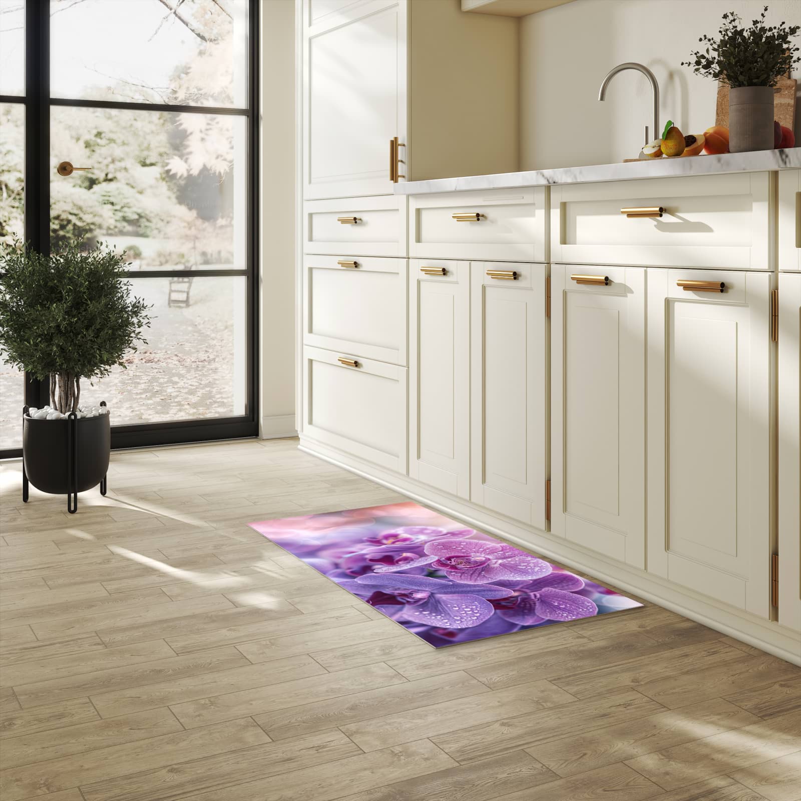 Hygienischer rutschfester Küchenteppich mit Motiv Orchideenblüten in heller Küche