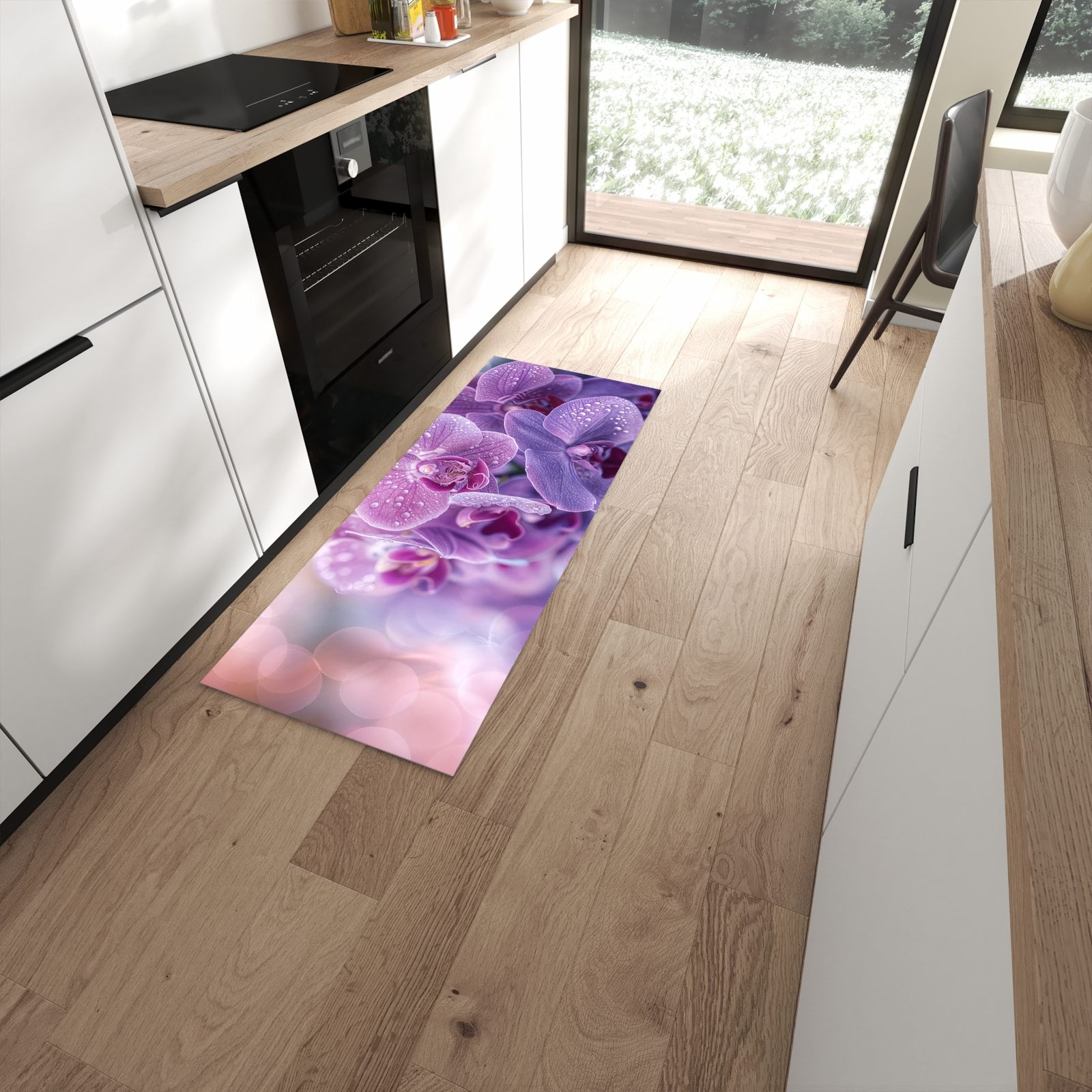Rutschfester Küchenteppich mit Motiv Orchideenblüten für angenehmes Stehen in moderner Küche #grösse_60 x 150 cm