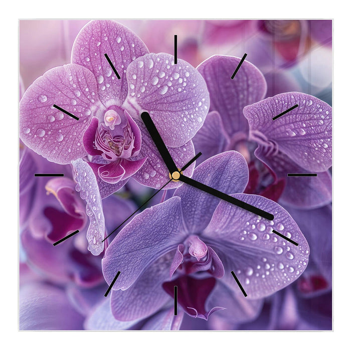 Wanduhr Orchideenblüten aus Glas – Quadratisch 30 × 30 cm mit Ziffernblatt Linie