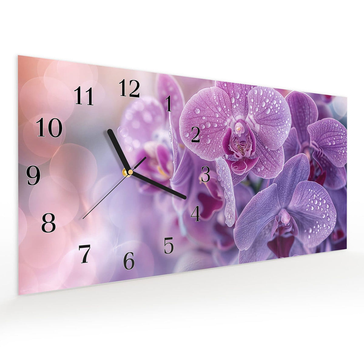 Vormontiert – mit Schwebeeffekt – Wanduhr Orchideenblüten aus Glas – Querformat 60 × 30 cm
