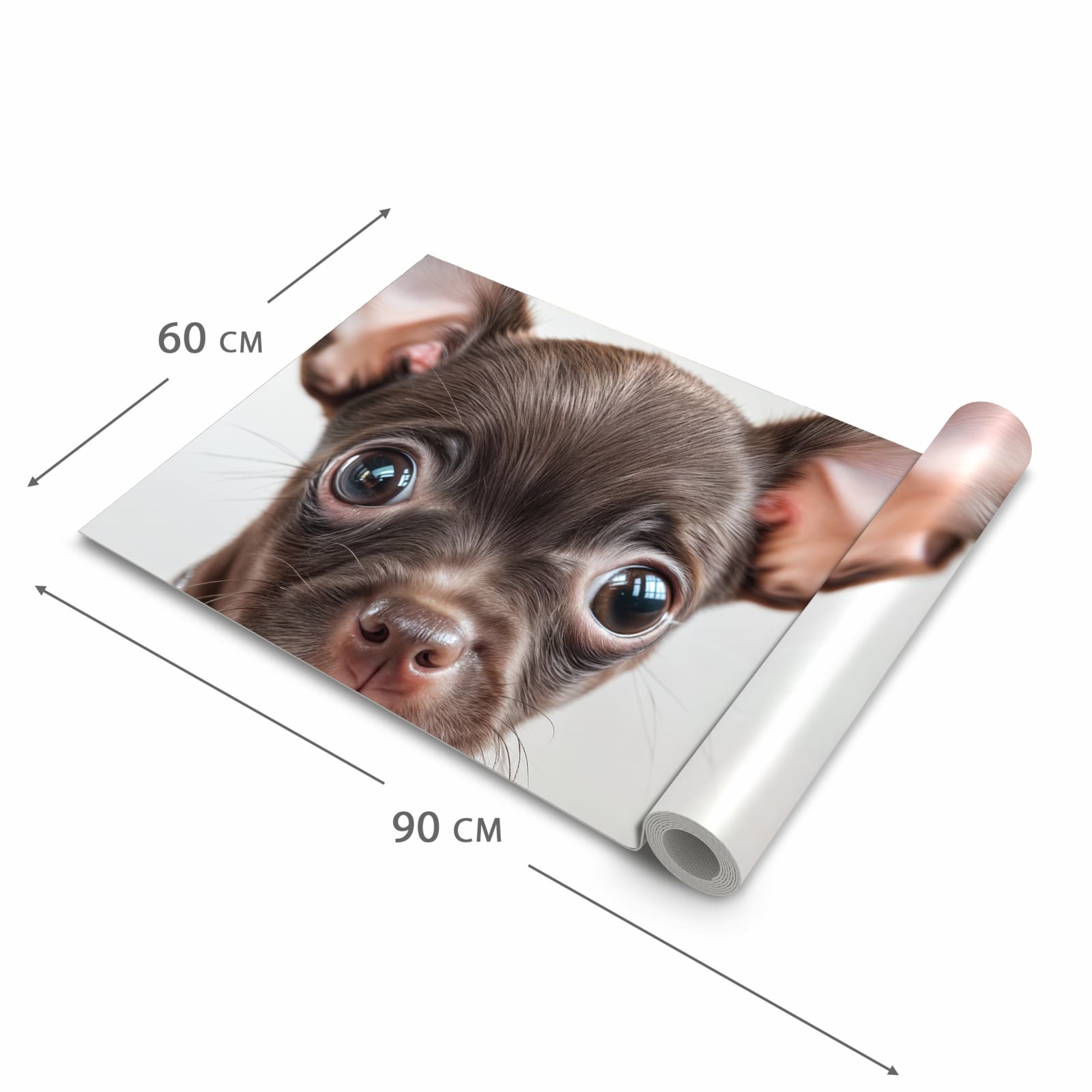 Bodenschonender waschbarer Teppich fürs Esszimmer mit Motiv Niedlicher Welpenblick in der Grösse 60x150 cm