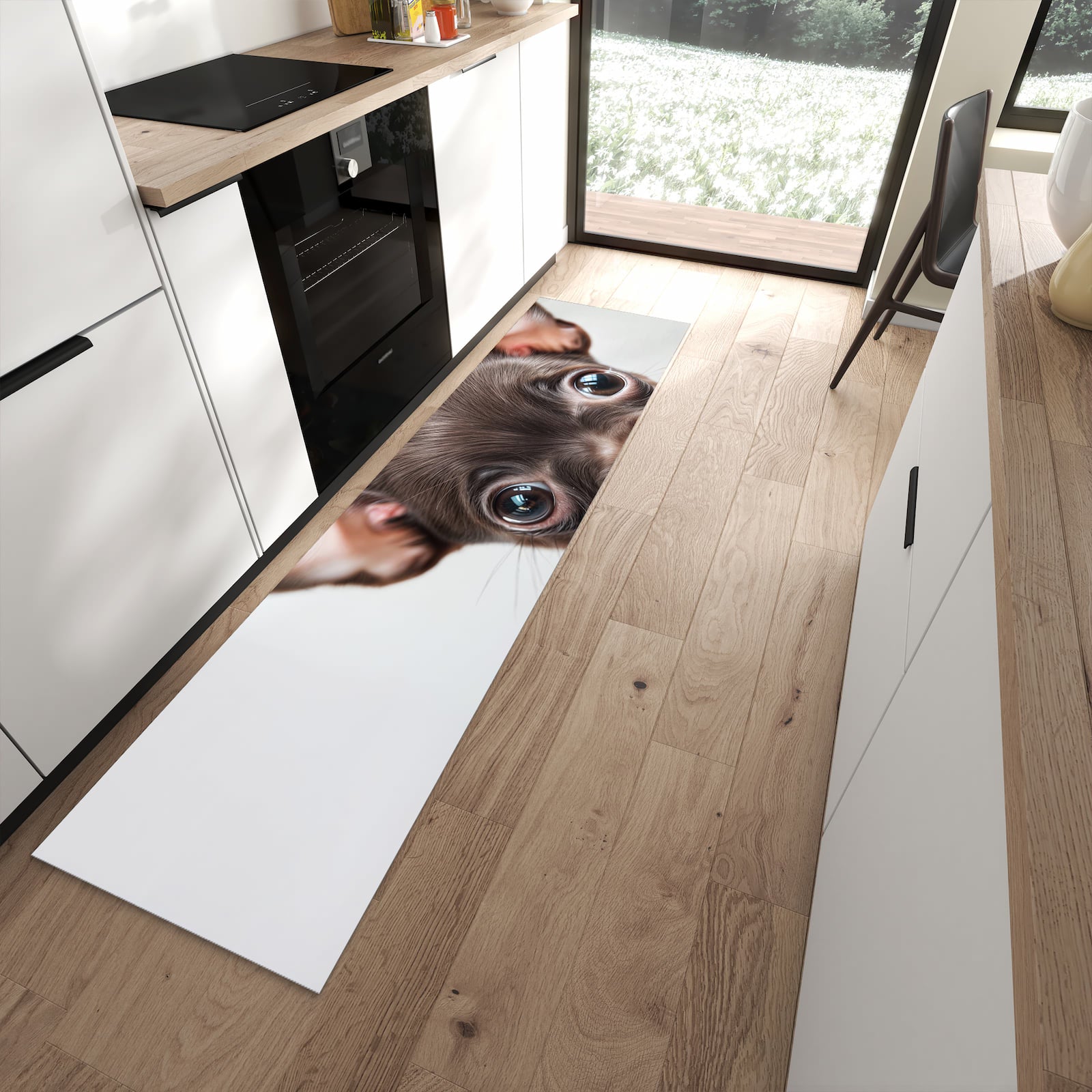 Rutschfester Küchenteppich mit Motiv Niedlicher Welpenblick für Trittkomfort in moderner Küche
