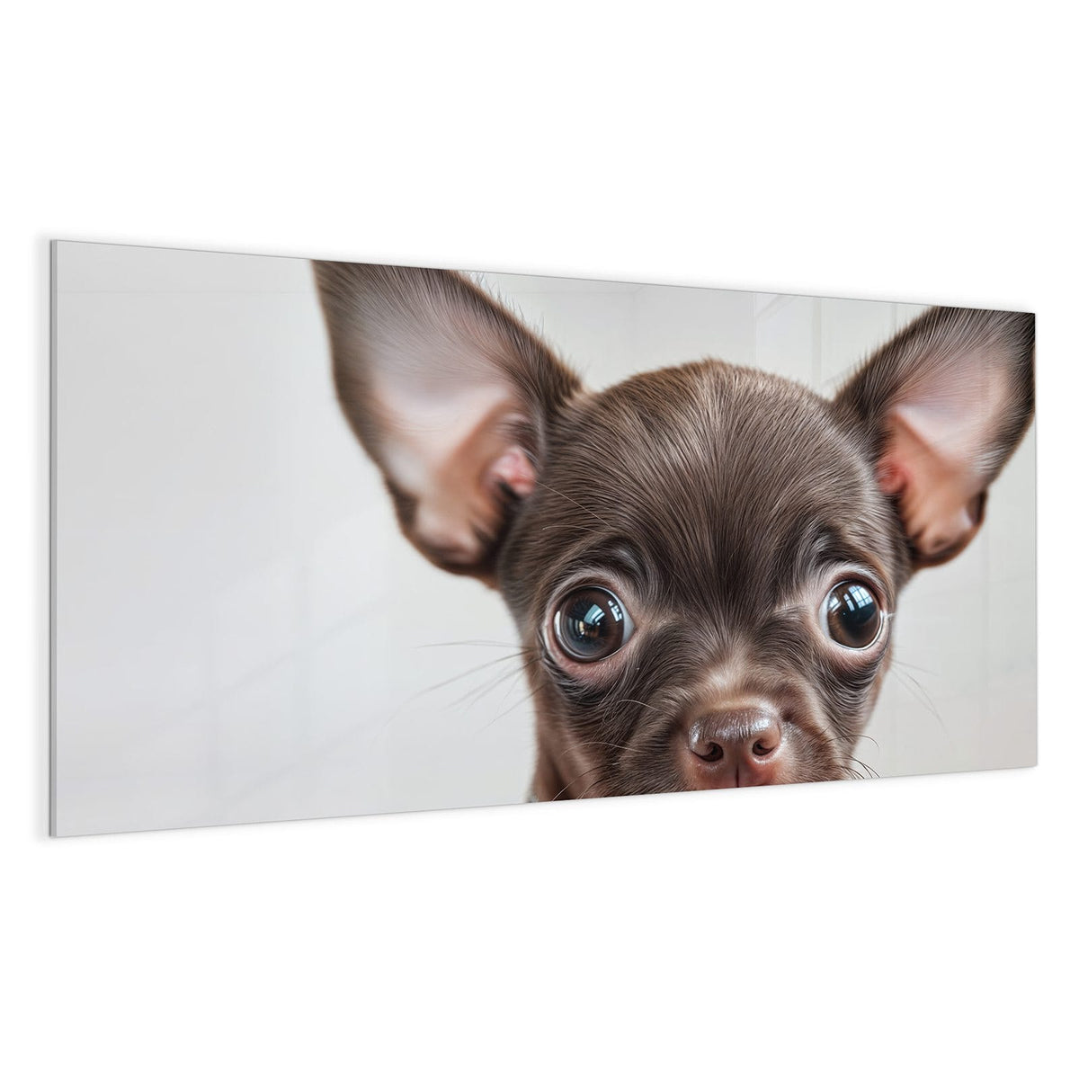 Schokobrauner Chihuahua-Welpe mit riesigen Ohren und Strasshalsband