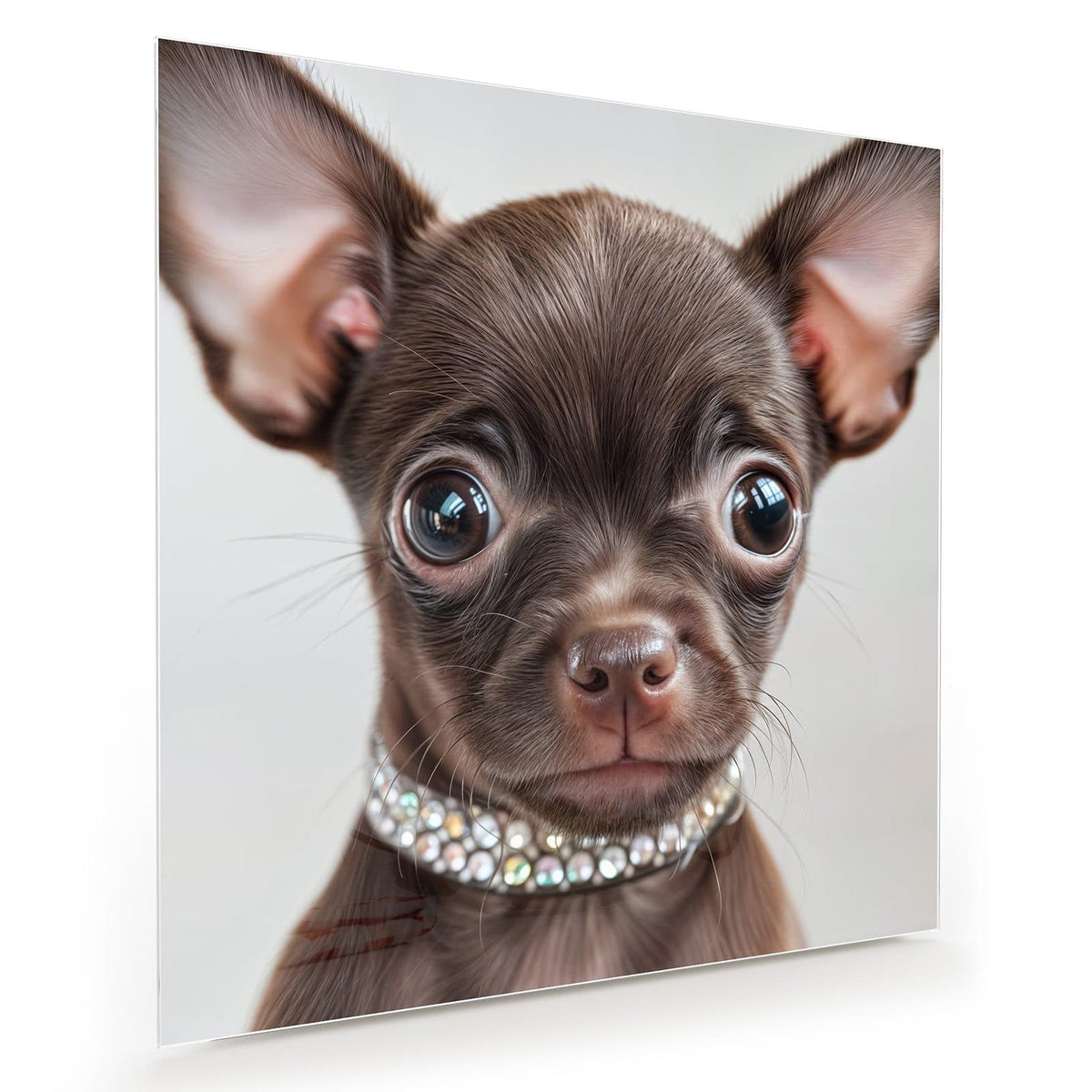 Schokobrauner Chihuahua-Welpe mit riesigen Ohren und Strasshalsband