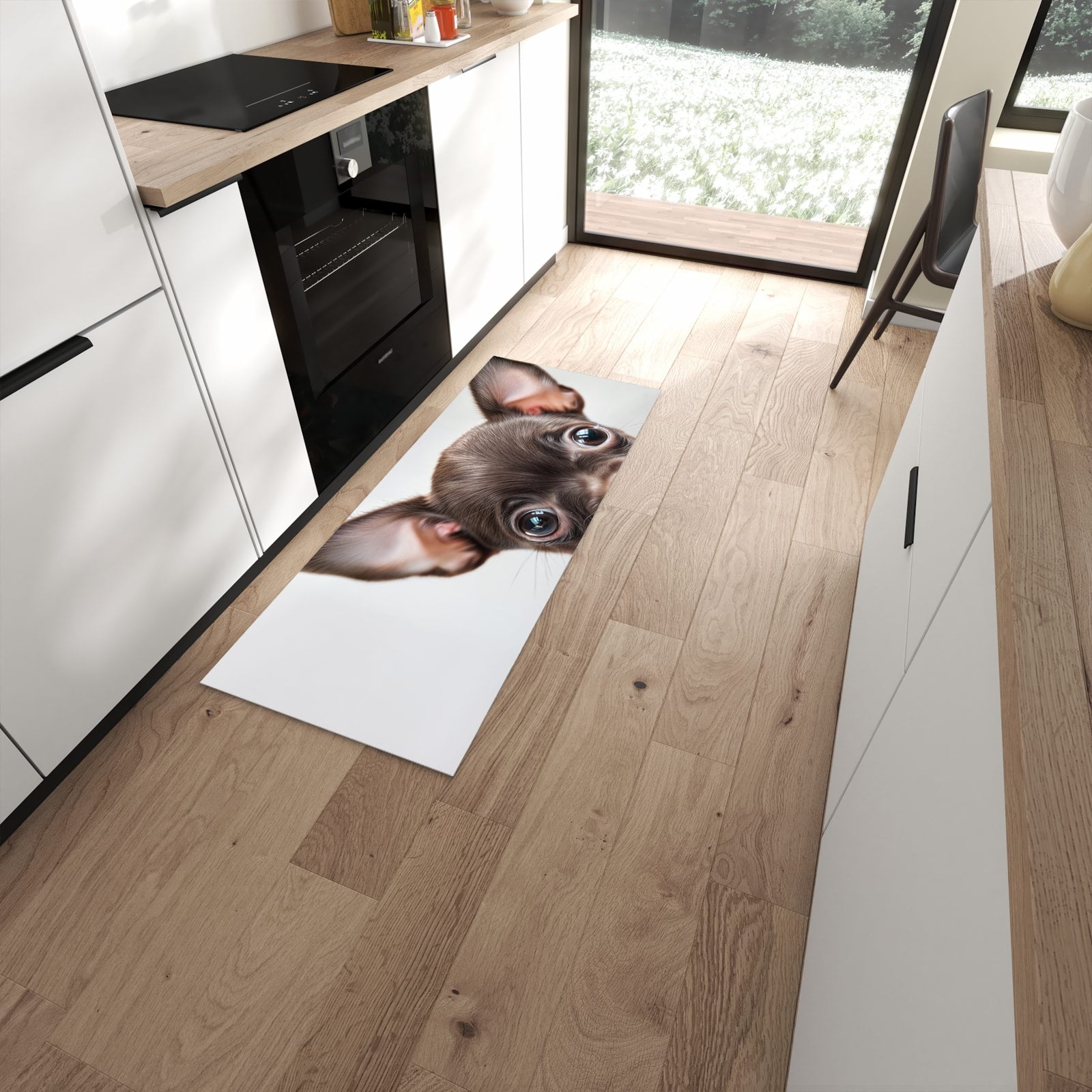 Abriebfester waschbarer Teppich fürs Esszimmer mit Motiv Niedlicher Welpenblick in moderner Küche #grösse_60 x 150 cm