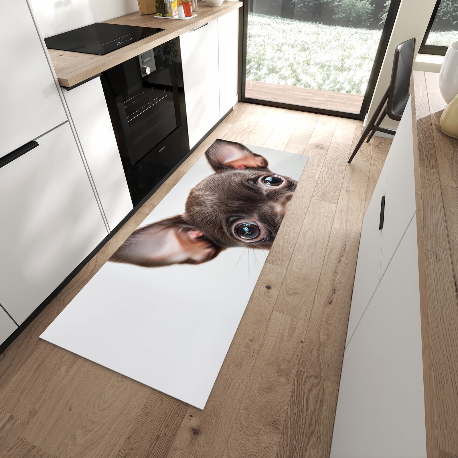 Geruchsneutraler waschbarer Küchenteppich mit Motiv Niedlicher Welpenblick in moderner Küche