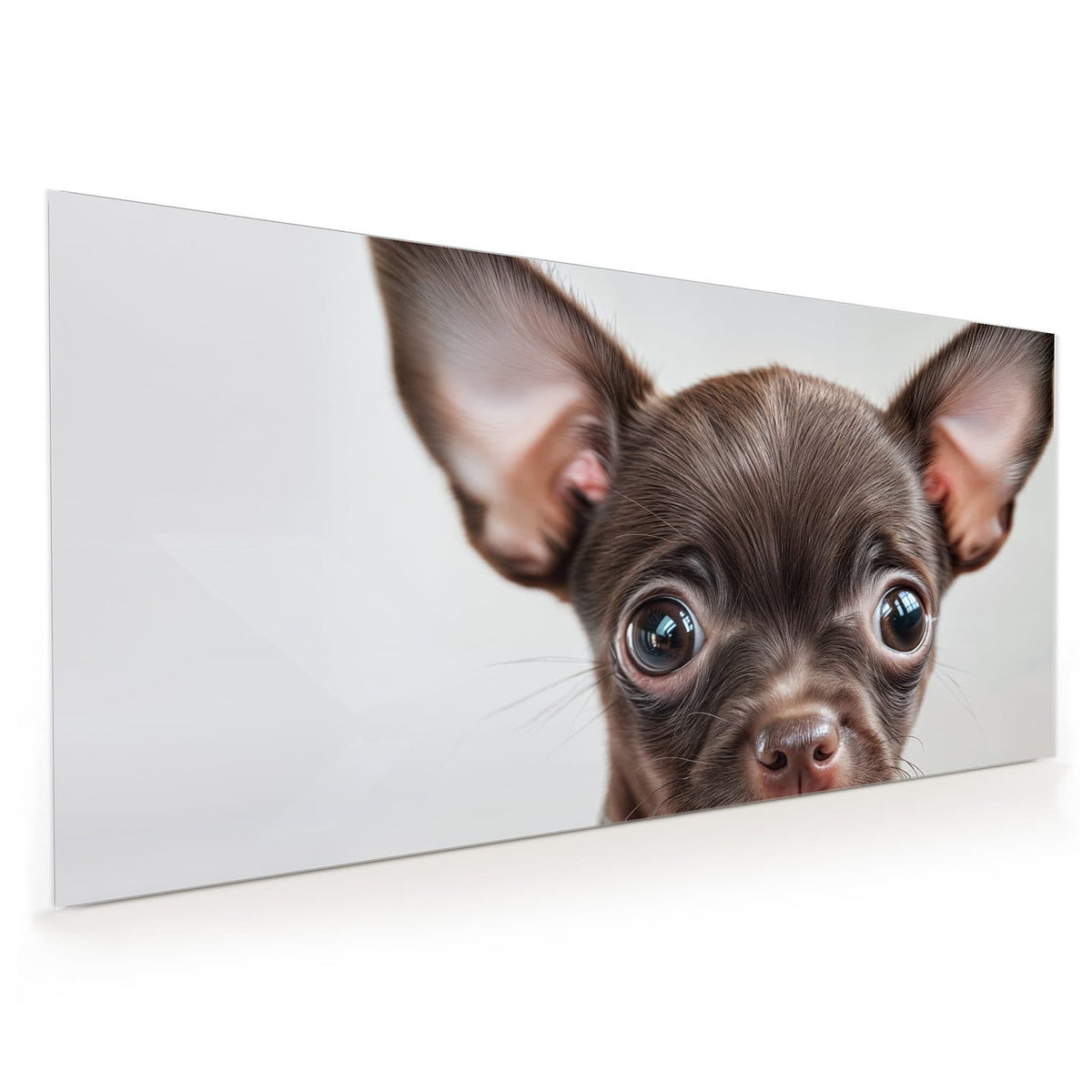 Schokobrauner Chihuahua-Welpe mit riesigen Ohren und Strasshalsband