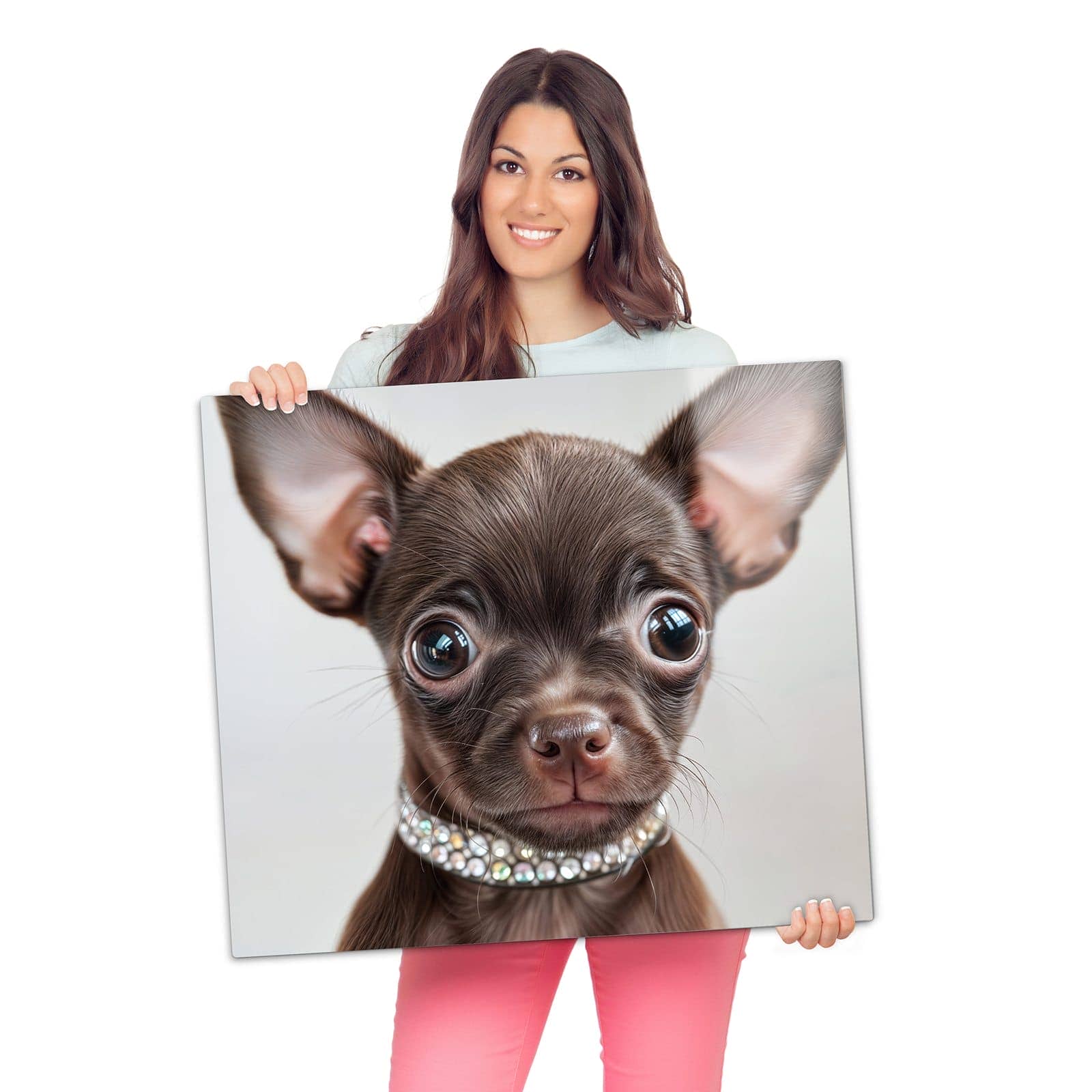 Abdeckplatte für Induktionsherd mit Niedlicher Welpenblick-Motiv wird zur Größendarstellung gehalten