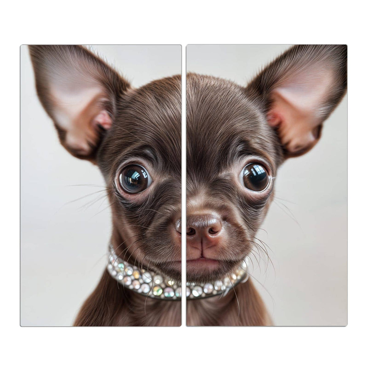 Schokobrauner Chihuahua-Welpe mit riesigen Ohren und Strasshalsband