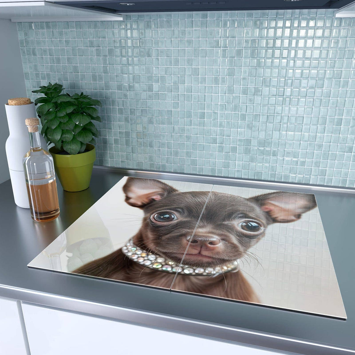 Sechs Aufgaben, eine Platte – Herdabdeckplatte Chihuahua mit Halsband