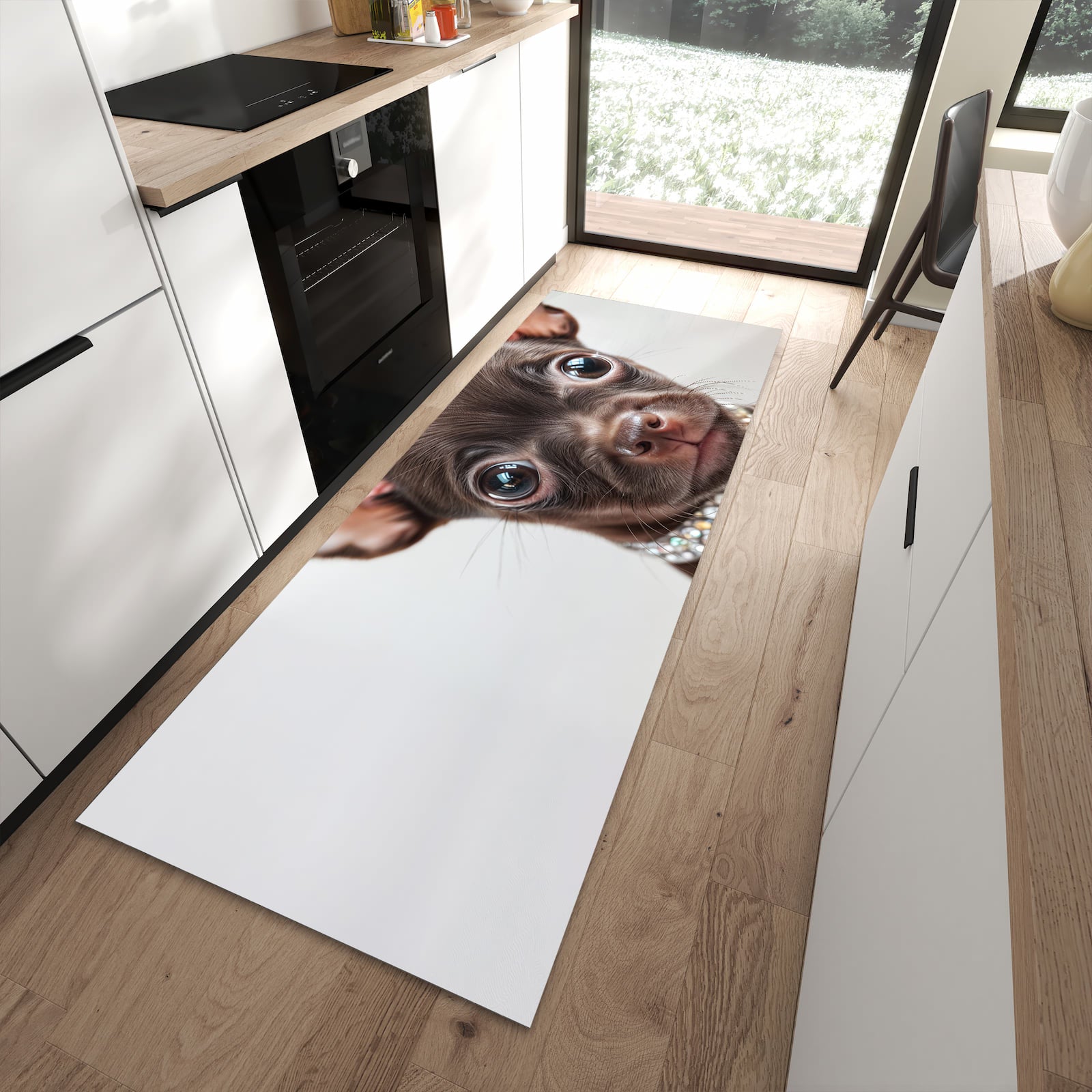 Rutschfester waschbarer Küchenteppich mit Motiv Niedlicher Welpenblick in moderner Küche