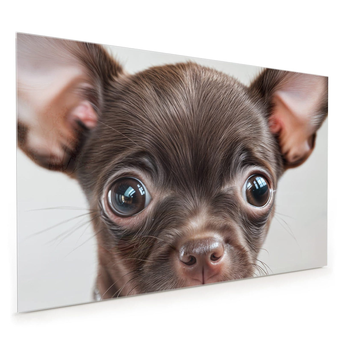 Küchenrückwand aus Glas im Hochformat mit Motiv Chihuahua mit Halsband: Schokobrauner Chihuahua-Welpe mit riesigen Ohren und Strasshalsband