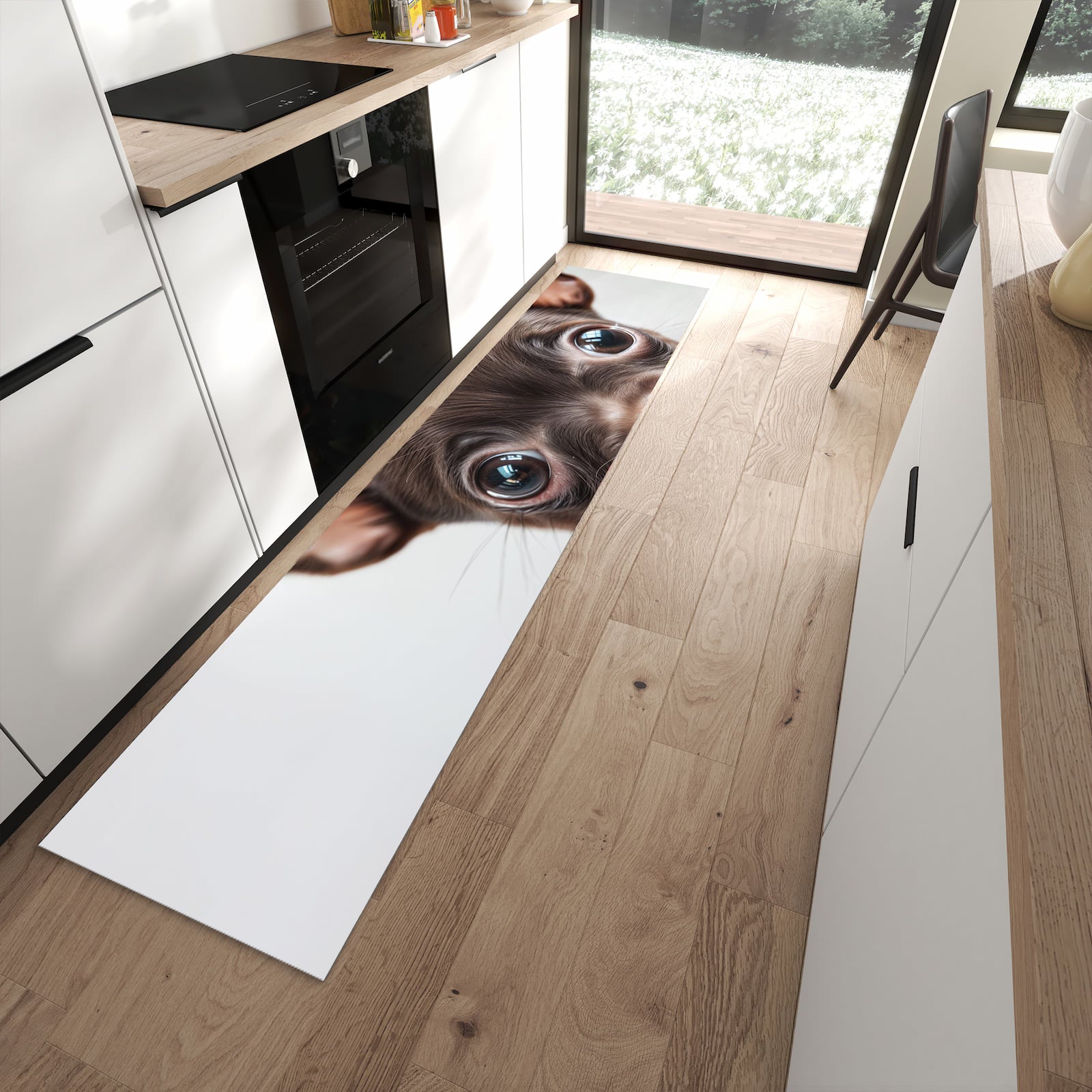 Wasserabweisender Bodenläufer mit Motiv Niedlicher Welpenblick in moderner Küche
