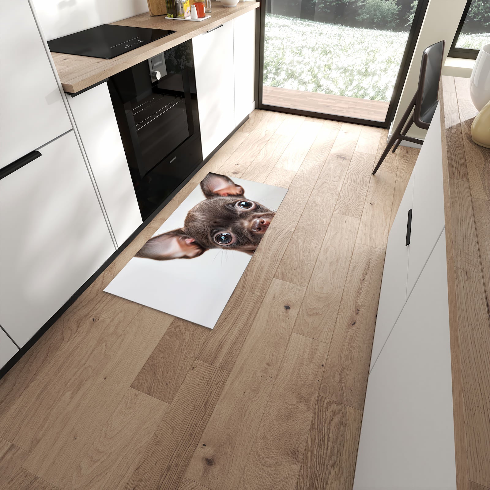 Geräuschdämpfender dünner Küchenteppich mit Motiv Niedlicher Welpenblick in moderner Küche #grösse_60 x 120 cm