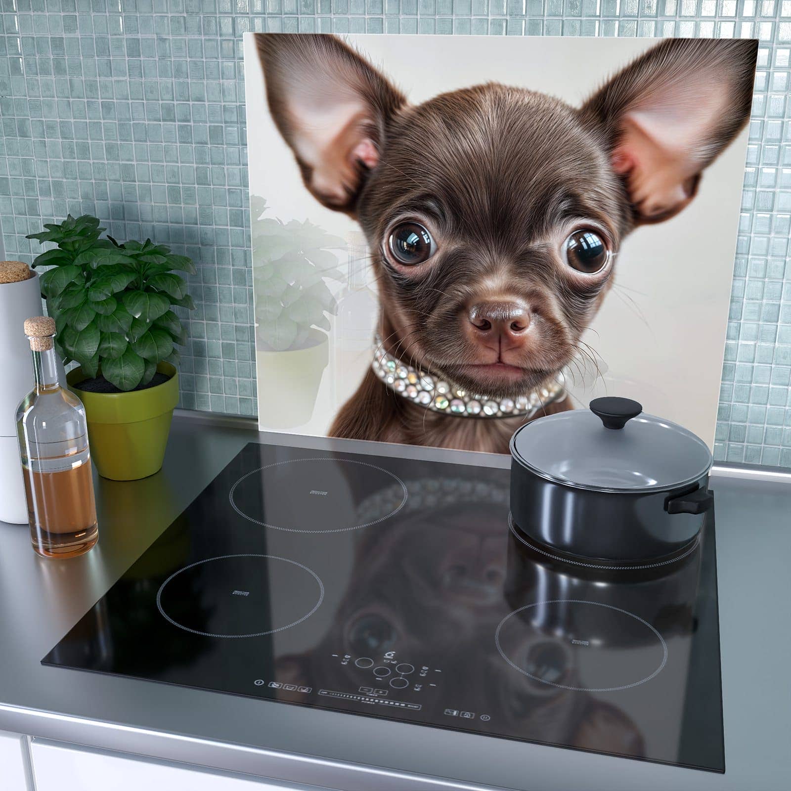 1-teilige Herdabdeckplatte mit Niedlicher Welpenblick-Motiv als Spritzschutz hinter dem Kochfeld