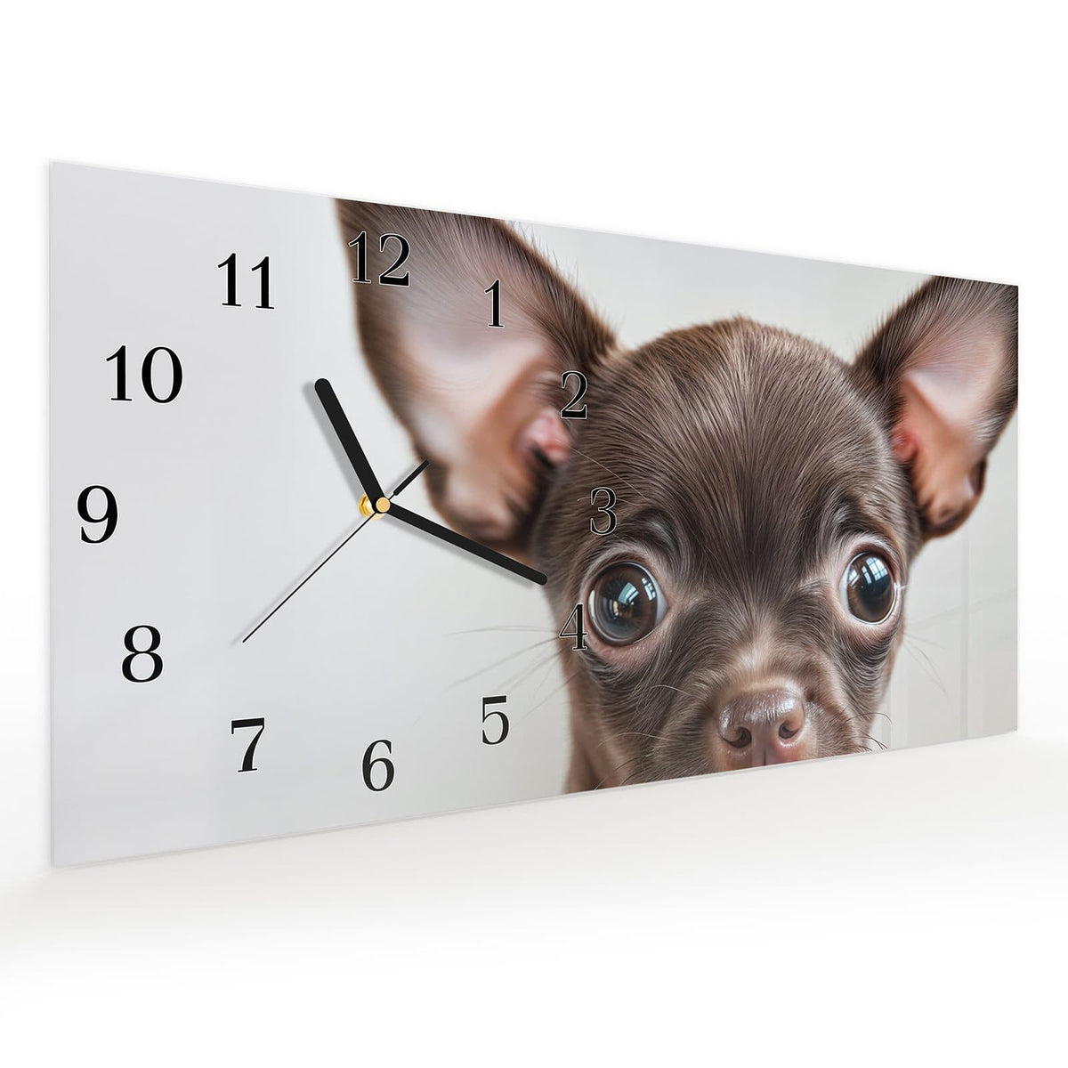 Vormontiert – mit Schwebeeffekt – Wanduhr Niedlicher Welpenblick aus Glas – Querformat 60 × 30 cm