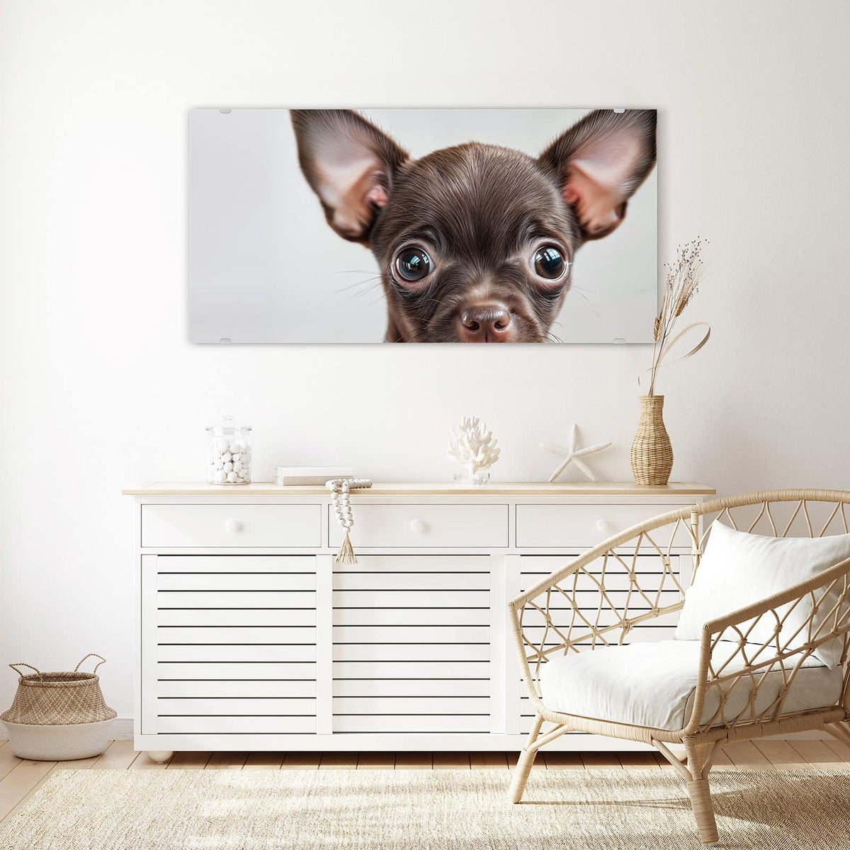 Echtglas, 4 mm – kein Acryl, keine Folie – Wandbild - Chihuahua mit Halsband - Querformat