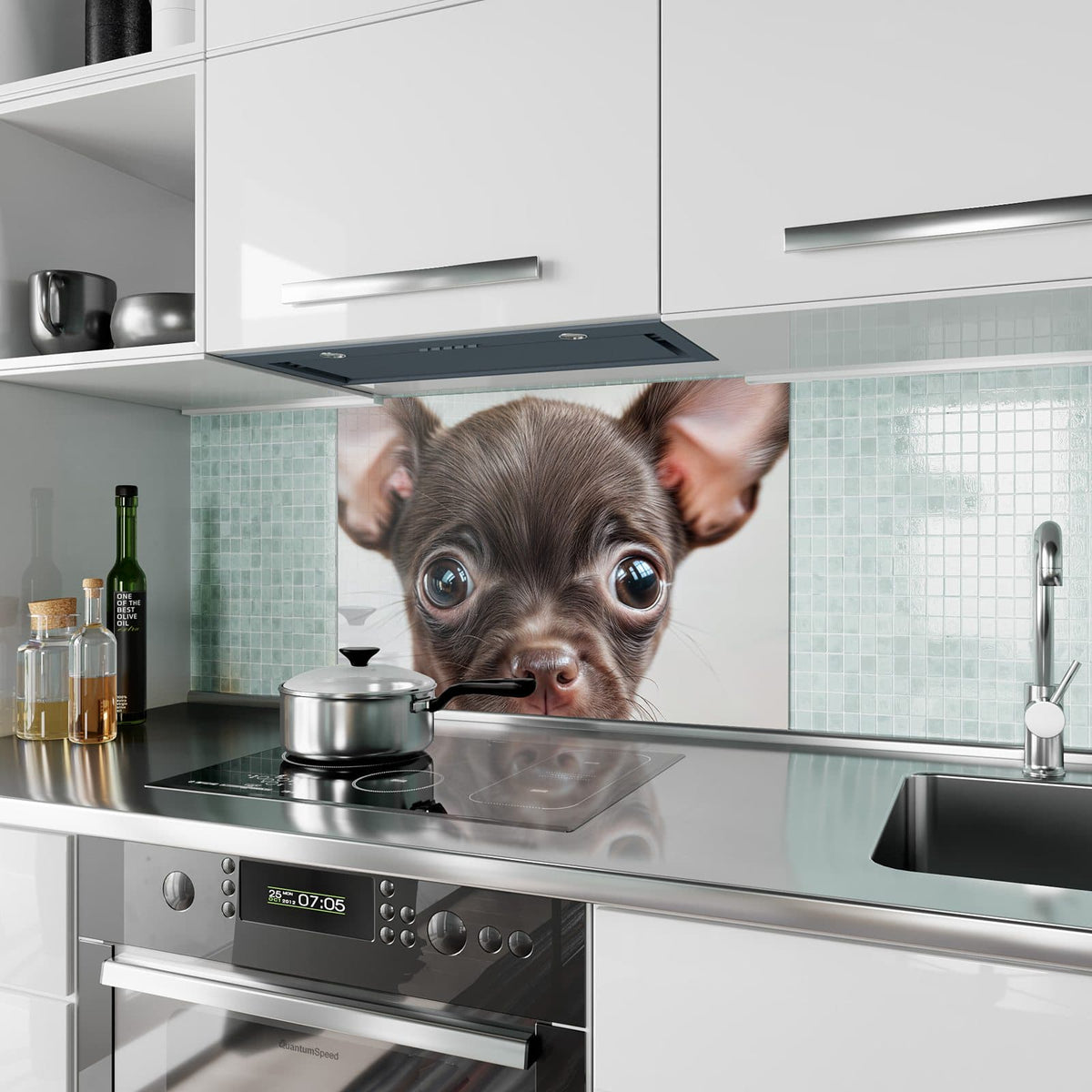 Küchenrückwand aus Glas Chihuahua mit Halsband im Hochformat als Spritzschutz hinter dem Kochfeld, über dem Fliesenspiegel montiert