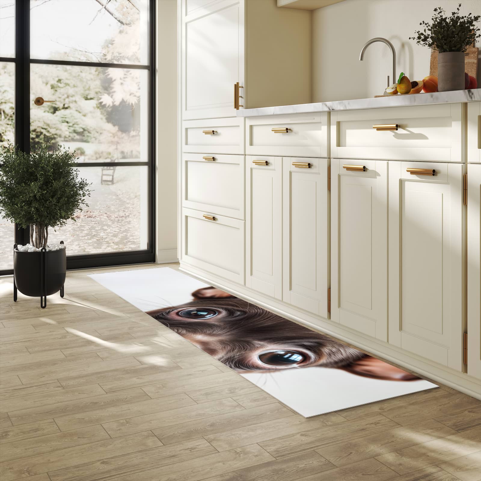 Schmutzabweisender Küchenläufer mit Motiv Niedlicher Welpenblick in heller Küche