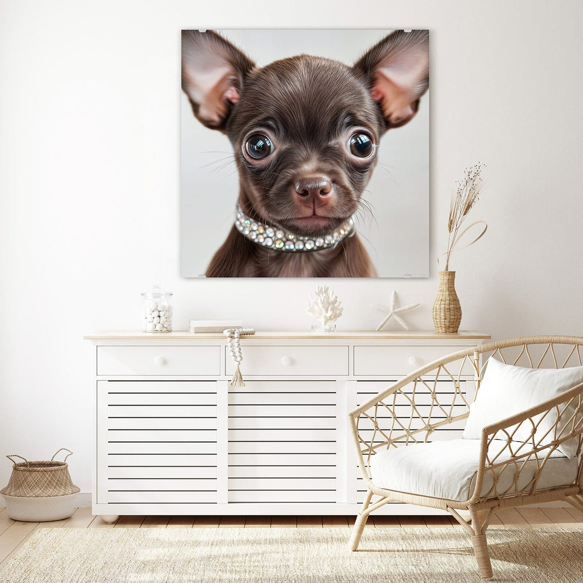 Echtglas, 4 mm – kein Acryl, keine Folie – Wandbild - Chihuahua mit Halsband - Quadratisch