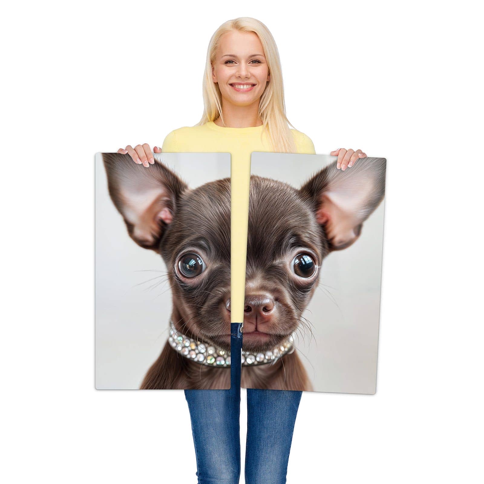 2-teilige Herdabdeckung mit Niedlicher Welpenblick-Motiv wird zur Größendarstellung gehalten