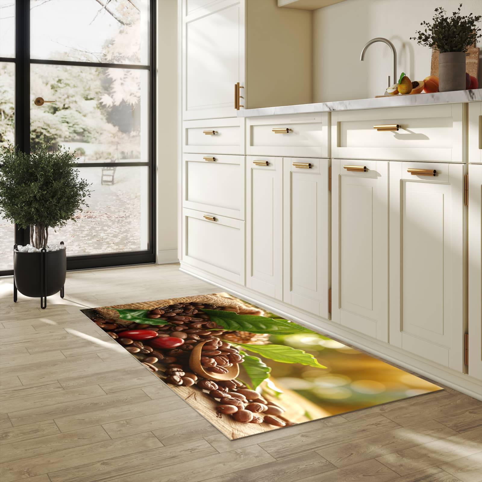Rutschfester Küchenteppich mit Motiv Kaffeebohnen in heller Küche