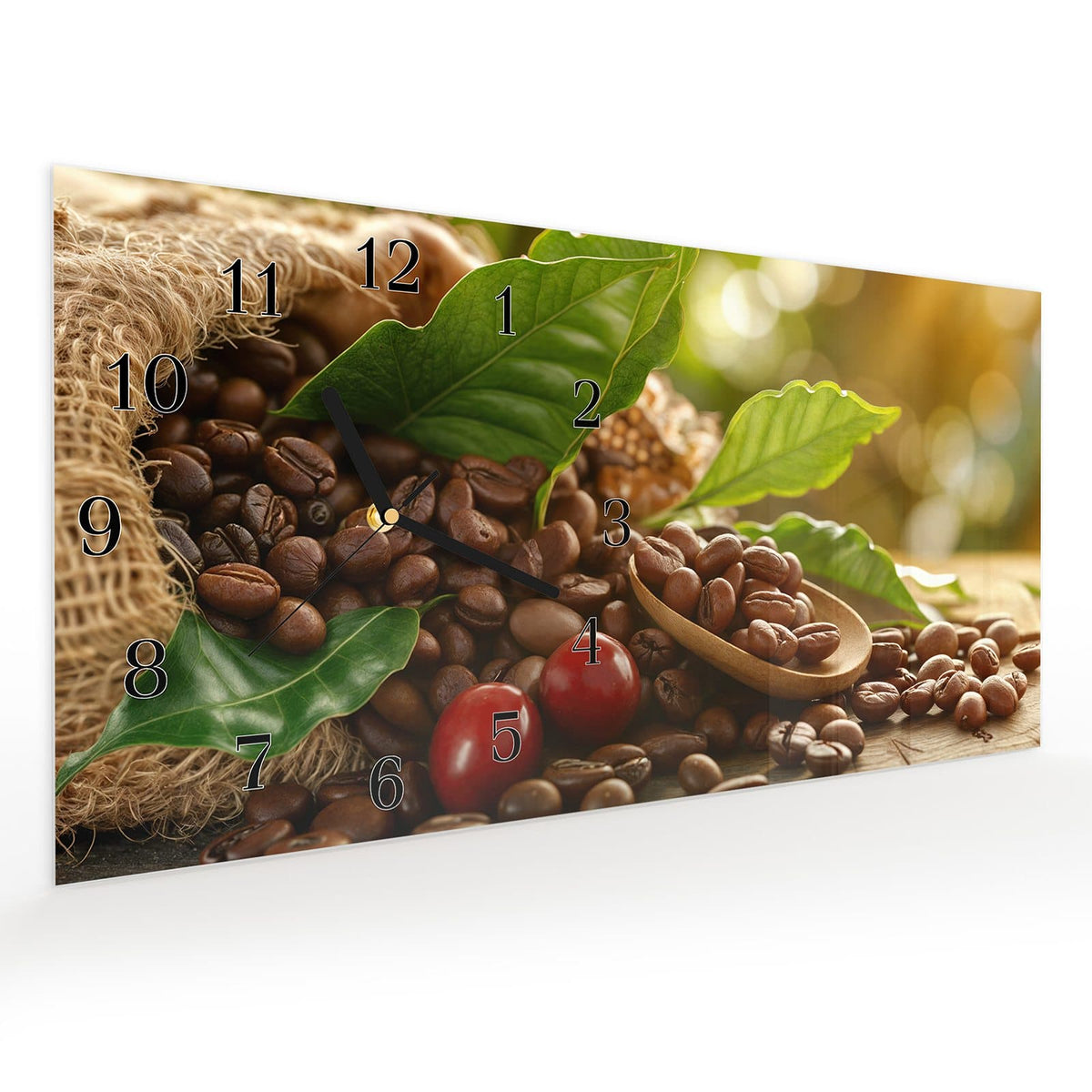 Vormontiert – mit Schwebeeffekt – Wanduhr Kaffeebohnen aus Glas – Querformat 60 × 30 cm